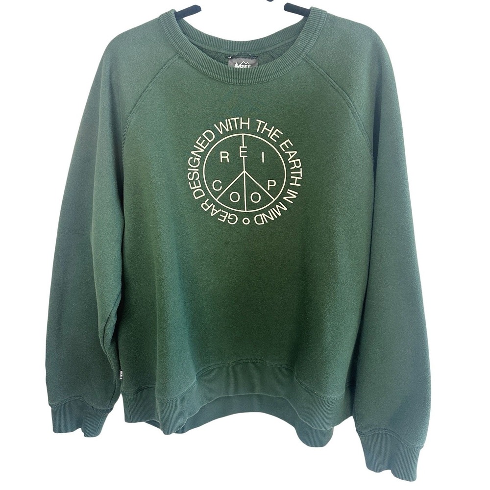 REI Co-op Graphic Sweatshirt XL Green Earth Day‎ Peace Logo Pullover Fleece Gorp